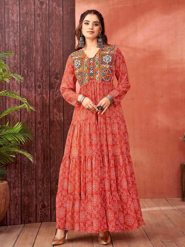 Red Orange Blooming Faux Georgette Readymade Gown